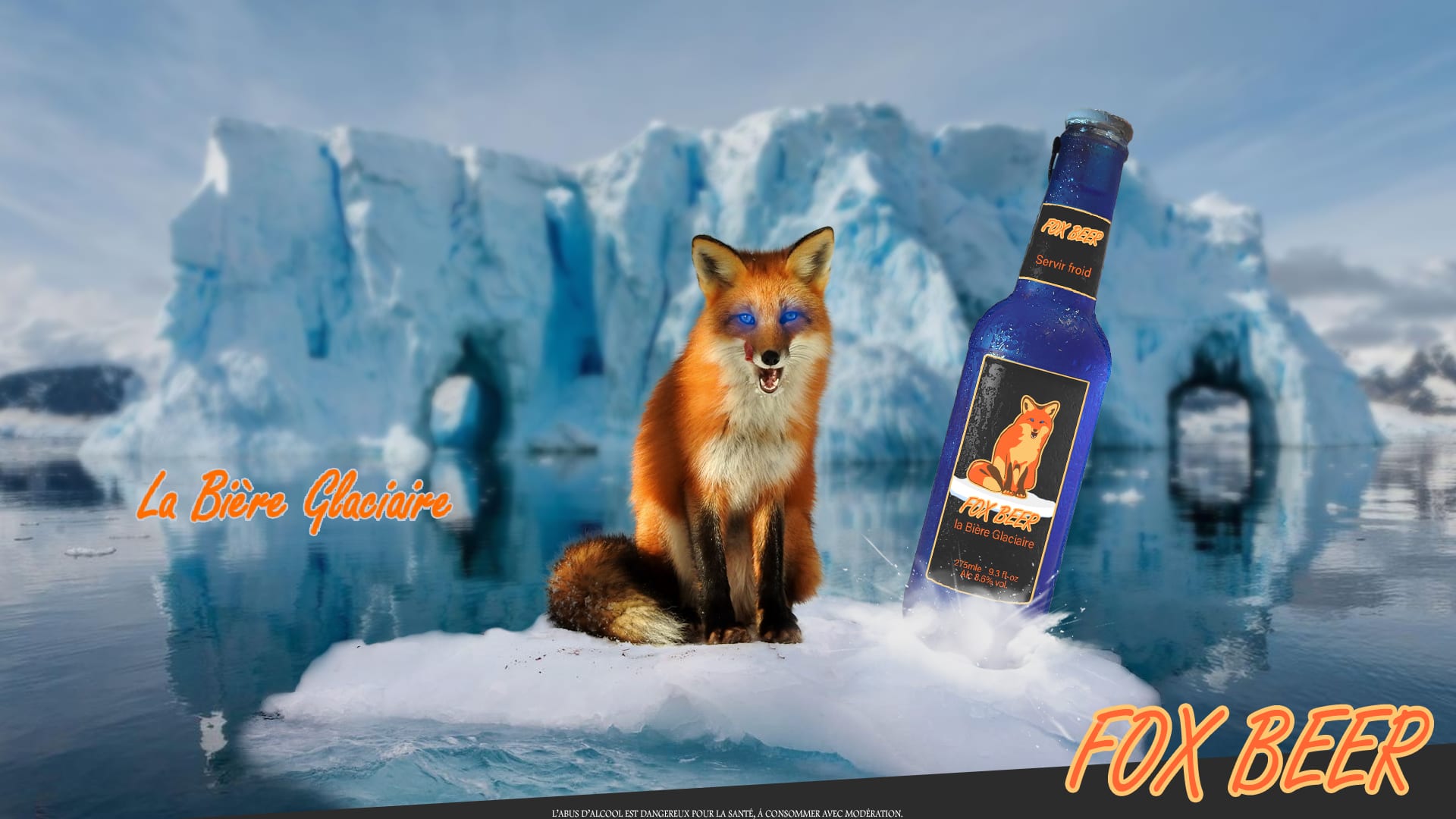 Exemple de création publicitaire par AK Web Concept pour Fox Beer, montrant un renard et une bouteille de bière dans un paysage de glace arctique.