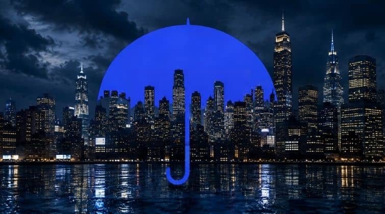 Parapluie bleu découpé dans une skyline de buildings illuminés la nuit.