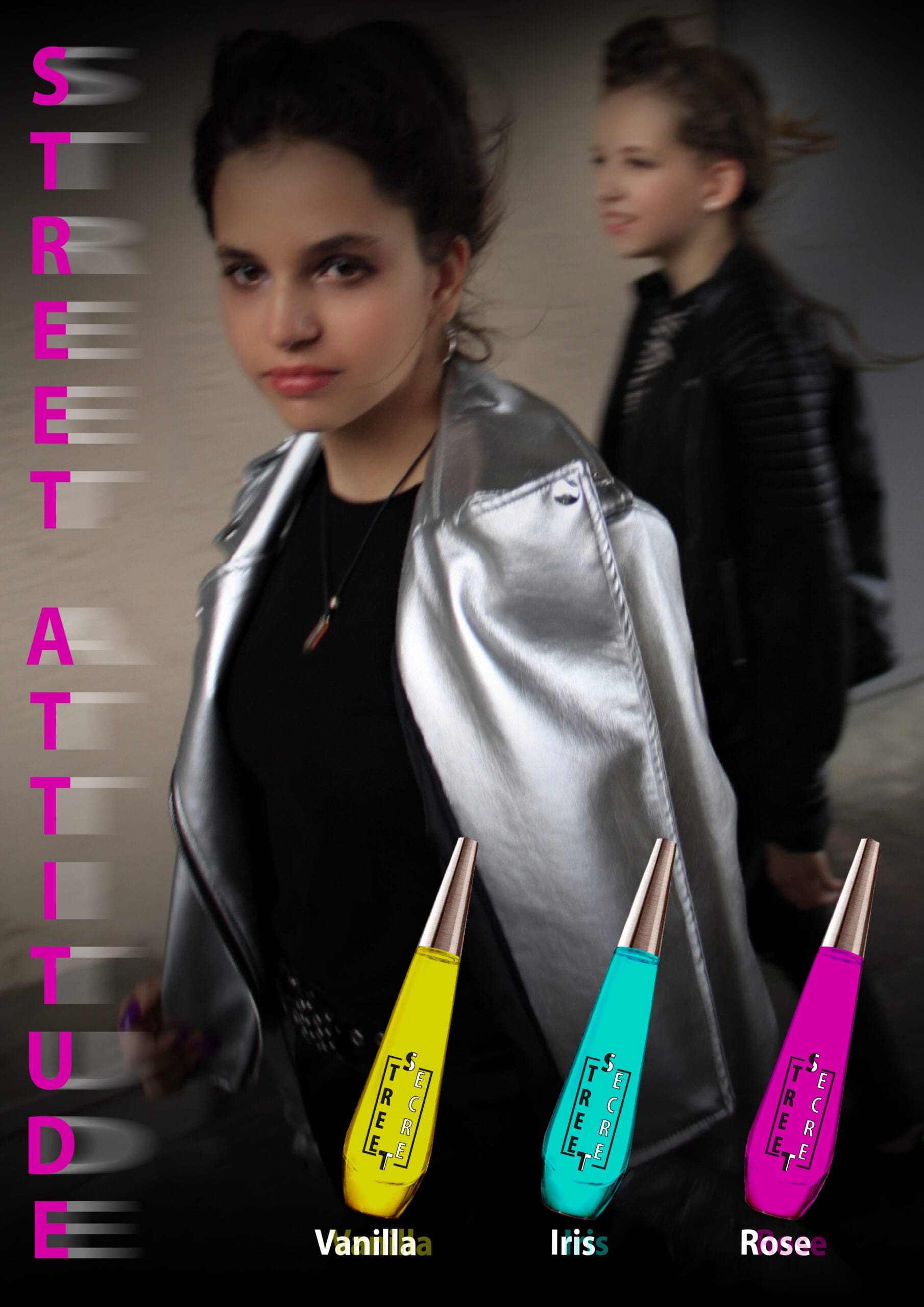 Présentation de page de catalogue de design graphique pour la marque Street Attitude, montrant des flacons de parfum aux couleurs vives et une mise en page professionnelle.