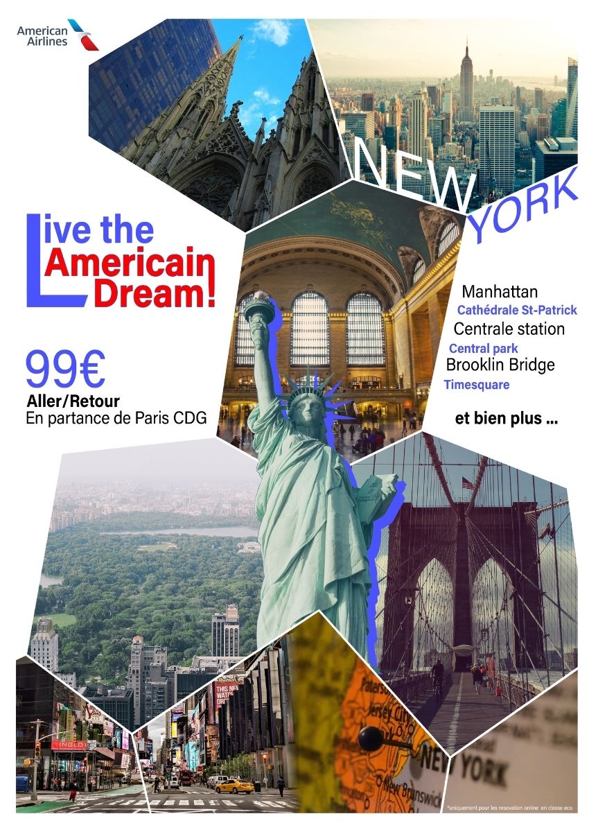 Affiche publicitaire colorée pour un voyage aux USA avec un photomontage de la Statue de la Liberté et du pont de Brooklyn.