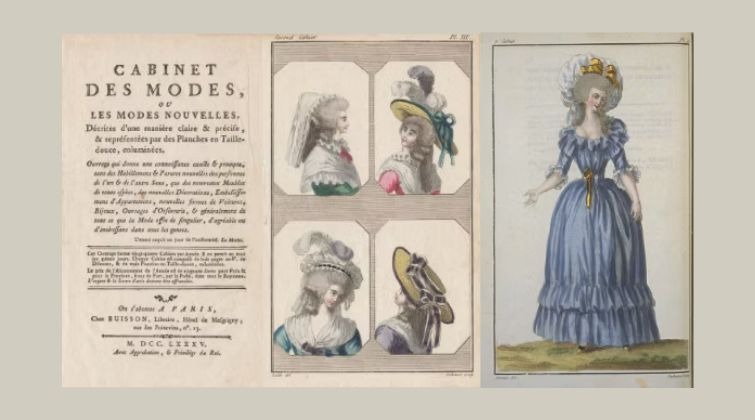Gravure colorée ancienne tirée du Cabinet des Modes datant de la fin du 17e siècle, montrant des illustrations de coiffures et une femme en robe d'époque.
