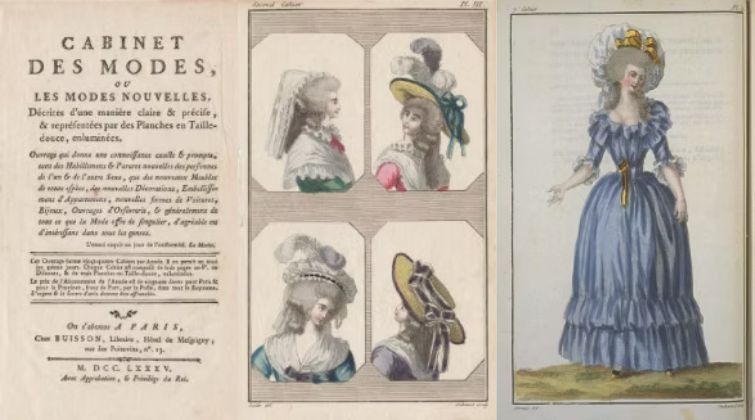 Gravure colorée ancienne tirée du Cabinet des Modes datant de la fin du 17e siècle, montrant des illustrations de coiffures et une femme en robe d'époque.