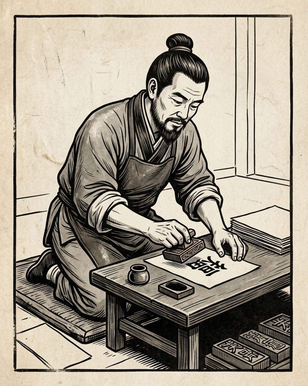 Illustration style gravure ancienne d'un artisan chinois agenouillé, gravant avec précision un motif sur un bloc de bois à une table basse.