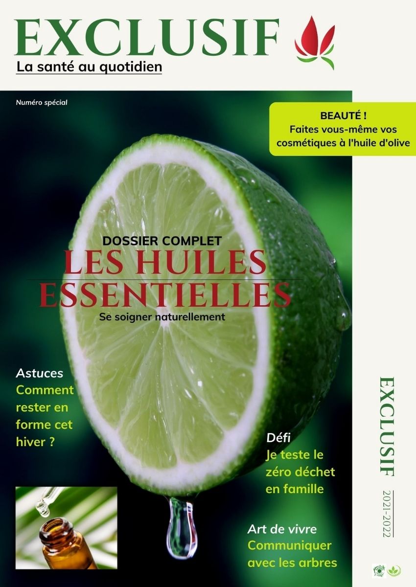 Couverture de magazine sur la santé et le bien-être avec un gros plan sur un citron vert coupé en deux pour un sujet sur les huiles essentielles.