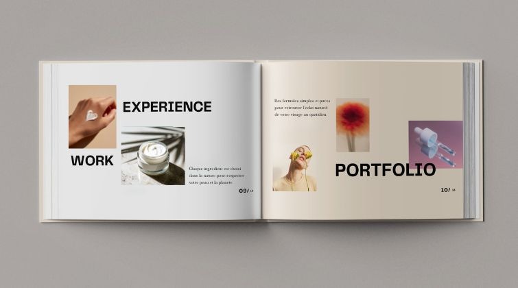 Double page d'un portfolio imprimé présentant une marque de cosmétiques naturels avec des photos de textures de crème et de pipettes.