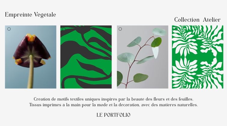 Exemple de page d'accueil de portfolio pour une créatrice d'impressions textiles avec des motifs de feuilles et de fleurs.