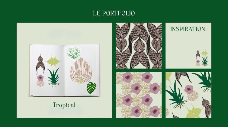 Présentation d'un portfolio sur le thème tropical avec des illustrations de plantes exotiques et des motifs textiles colorés.