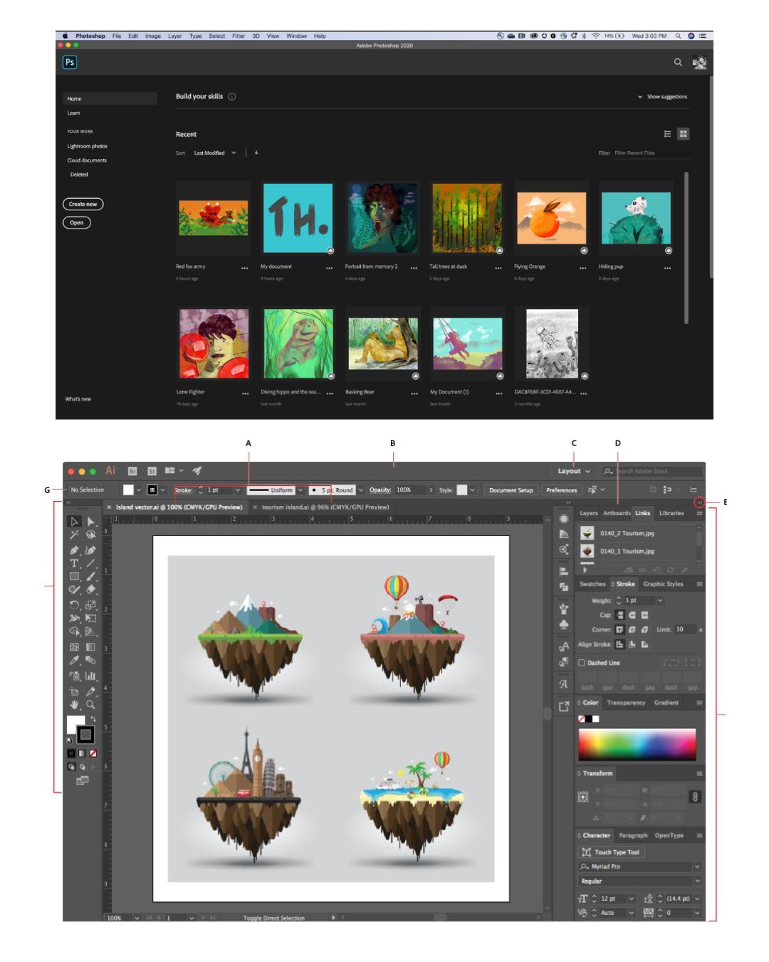 Capture d'écran de l'interface des logiciels Adobe Illustrator et Photoshop, illustrant la création numérique moderne.