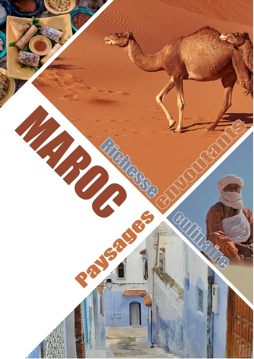 Composition publicitaire pour le tourisme au Maroc présentant un dromadaire dans le désert, un habitant traditionnel et des ruelles bleues.