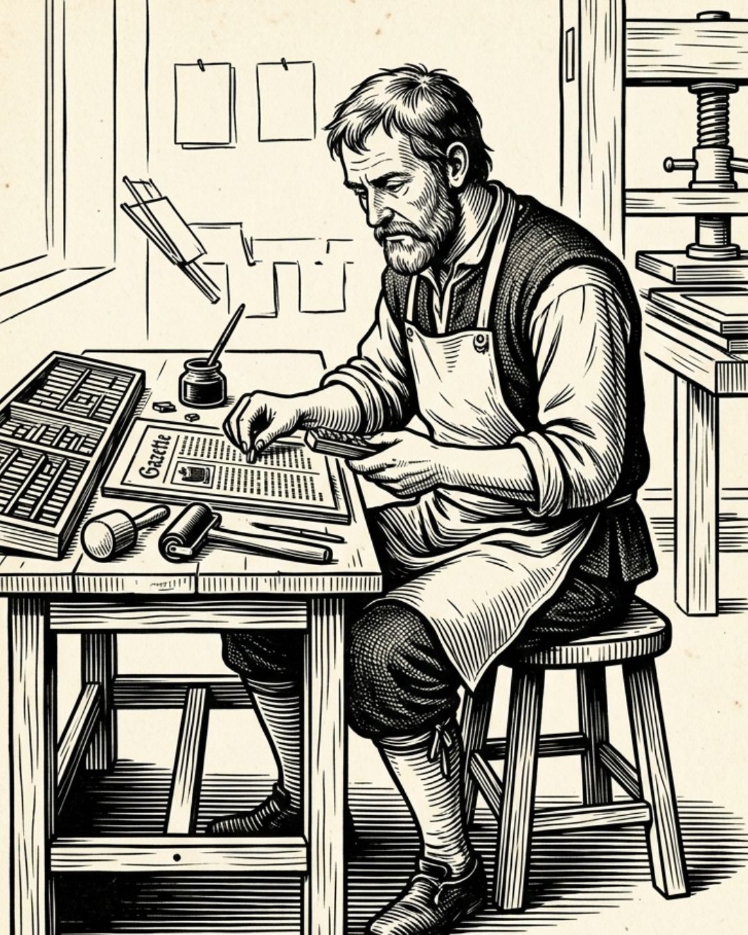 Un typographe du XVIIe siècle assemblant des caractères mobiles en plomb sur une presse manuelle, illustration style gravure ancienne.