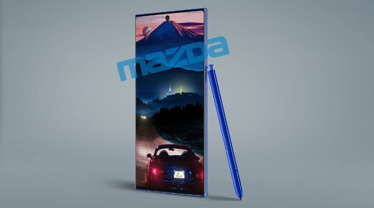 Design d'écran de smartphone personnalisé affichant une voiture Mazda devant le mont Fuji au crépuscule, créé par AK Web Concept.