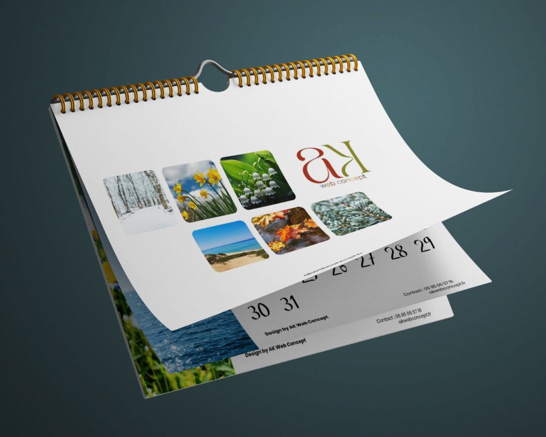 Design de calendrier personnalisé par AK Web Concept, présentant trois pages avec des photos et une mise en page moderne.