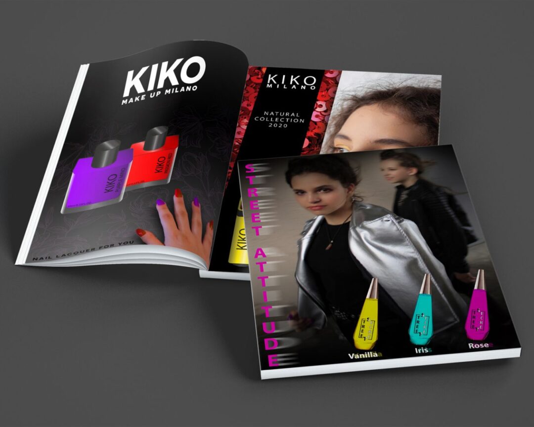 Présentation de catalogues de design graphique pour les marques Kiko et Street Attitude, montrant des flacons de parfum aux couleurs vives et des mises en page professionnelles.