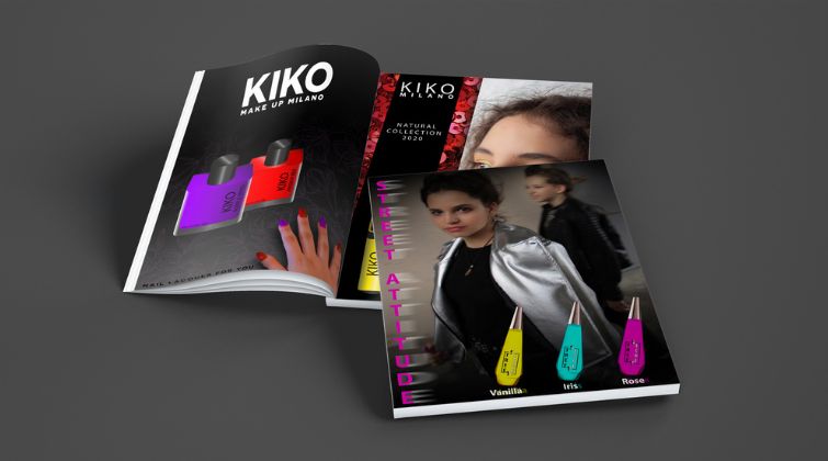 Présentation de catalogues de design graphique pour les marques Kiko et Street Attitude, montrant des flacons de parfum aux couleurs vives et des mises en page professionnelles.