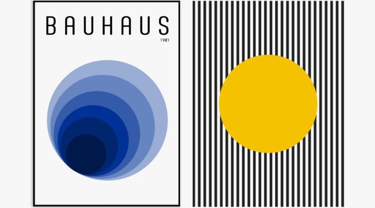 Affiche minimaliste du Bauhaus avec un cercle bleu en dégradé de cercles concentriques et le texte Bauhaus en haut.