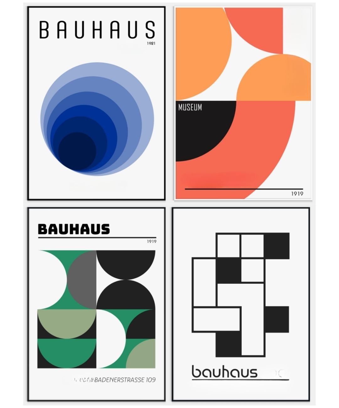 Composition de quatre affiches de style Bauhaus, affichant des formes géométriques, des couleurs vives et la typographie sans-serif caractéristique du mouvement.