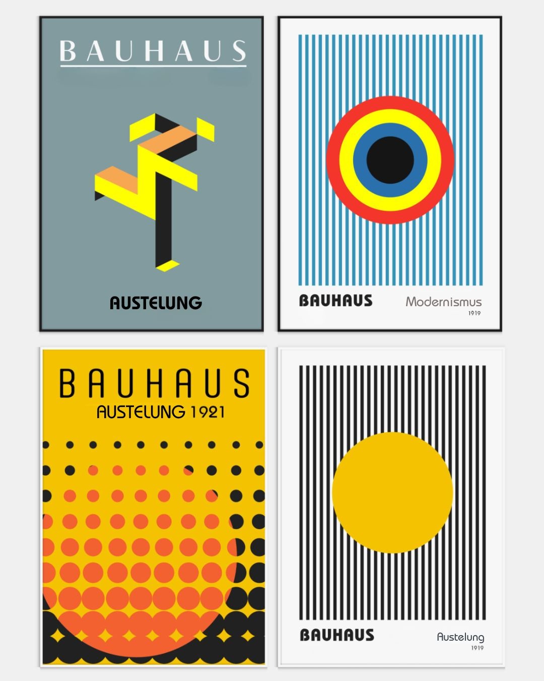 Quatre affiches graphiques style Bauhaus avec des formes géométriques abstraites, des lignes verticales et des points, mettant en avant la typographie sans-serif.