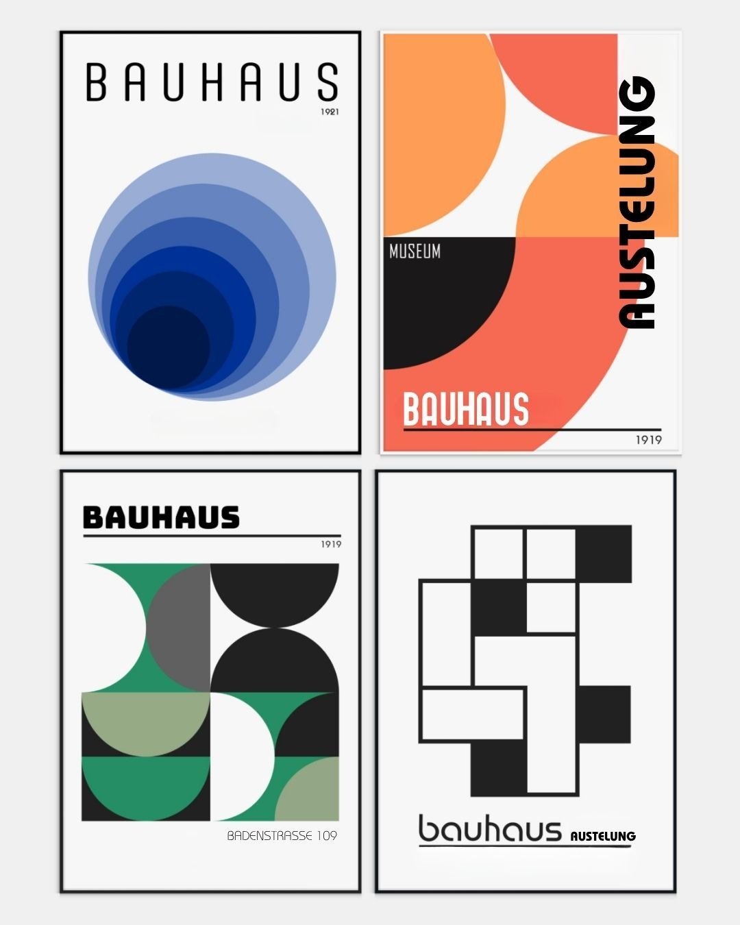 Composition de quatre affiches de style Bauhaus, affichant des formes géométriques, des couleurs vives et la typographie sans-serif caractéristique du mouvement.