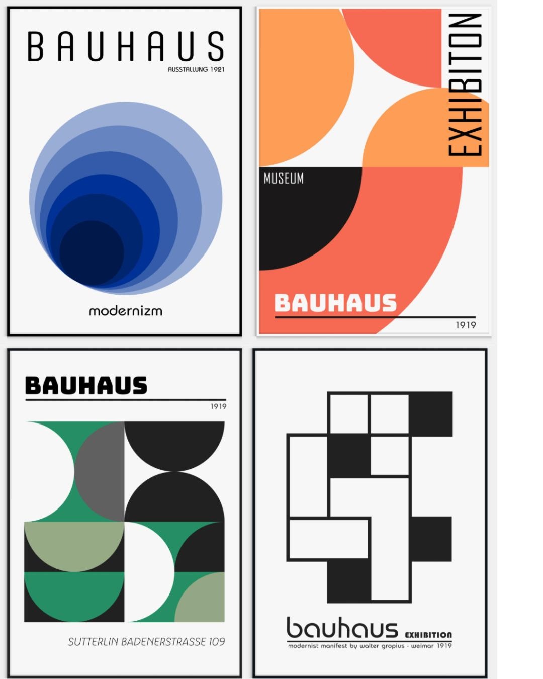 Composition de quatre affiches de style Bauhaus, affichant des formes géométriques, des couleurs vives et la typographie sans-serif caractéristique du mouvement.