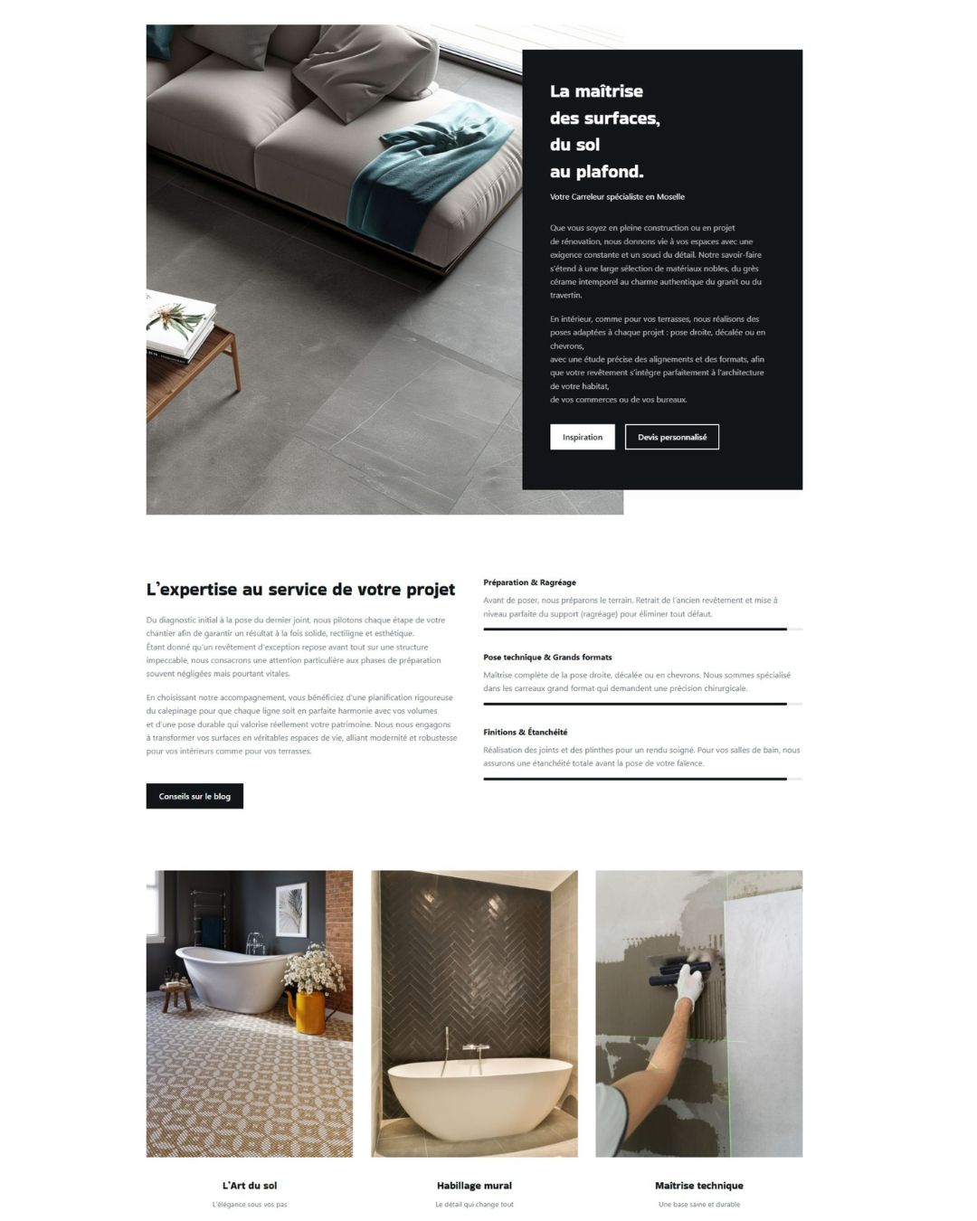 Aperçu du design de site web pour Cérame Carrelage, artisan carreleur expert à Algrange, présentant une pose de carrelage maîtrisée.