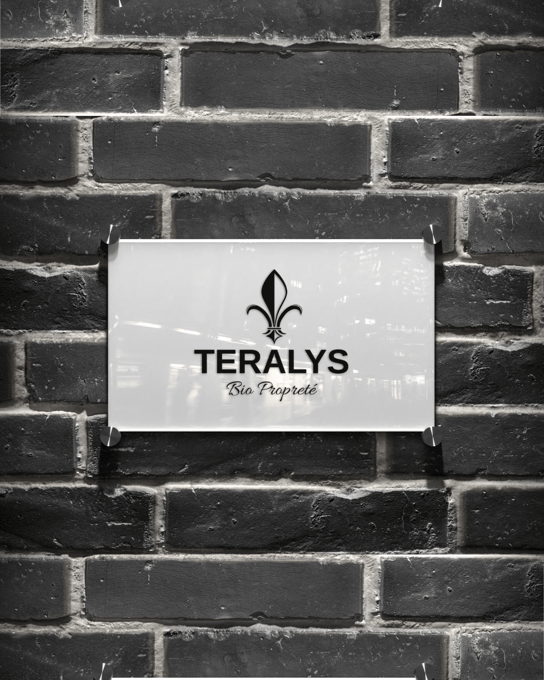Enseigne murale Teralys Bio Propreté fixée sur un mur de briques sombres, illustrant l'identité visuelle de l'entreprise.