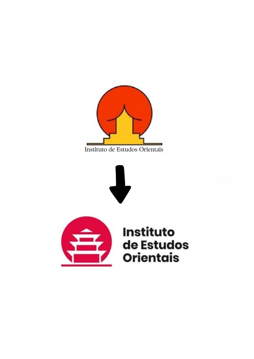 Un montage avant/après montrant l'évolution du logo de l'Instituto de Estudos Orientais. En haut, l'ancien logo avec un dessin naïf d'une pagode orange et jaune. En bas, le nouveau logo minimaliste et moderne avec une pagode stylisée rouge et blanche. Une flèche noire pointe de l'ancien vers le nouveau.
