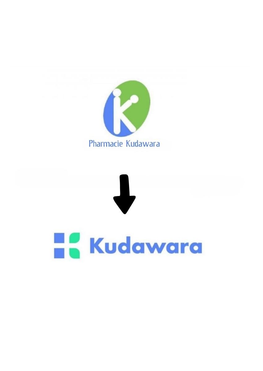 Un montage avant/après montrant l'évolution d'un logo de pharmacie. En haut, l'ancien logo "Pharmacie Kudawara" avec un symbole vert et bleu mal conçu. En bas, le nouveau logo épuré et professionnel de la marque "Kudawara" avec des éléments géométriques de couleur. Une flèche noire pointe de l'ancien vers le nouveau.
